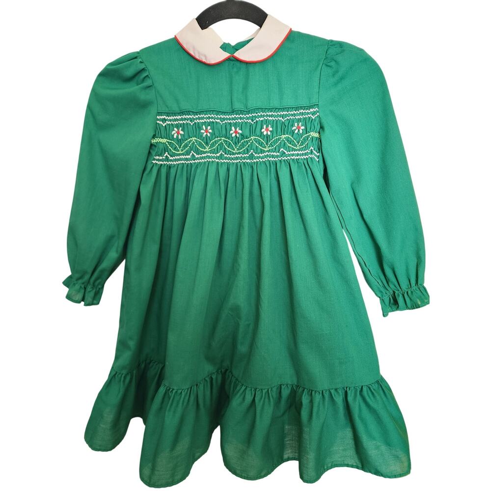 Polly Flinders Vintage Little Girls Dress Smocked 6X Green Collar
